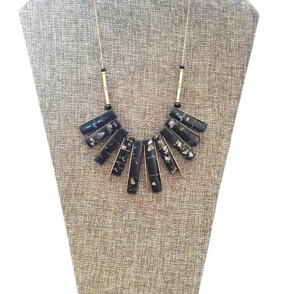 Necklace Polished Black Tourmaline Piano Key Beads Gold Tone Chain